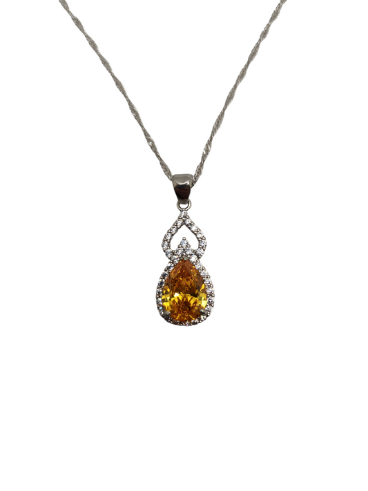 Pear Yellow Crystal Pendant Necklace in Sterling Silver | Elegant & Timeless Design