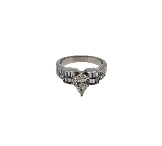 14K White Gold Pear-Shaped Diamond Ring with Baguette Accents – 1 Carat Main Stone